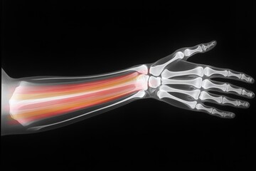 Poster - Detailed illustration of a human arm with highlighted muscle and bone structures in a dark background