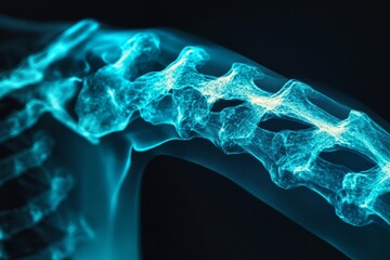 Poster - Detailed x-ray image of a human spine highlighting vertebrae and the spinal structure in vivid blue colors