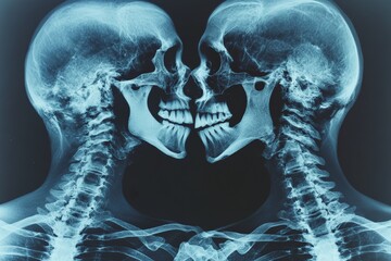 Aufkleber - Unique depiction of two human skulls in close contact highlighting the intricate structure of the skeletal system