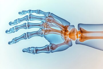 Poster - Detailed representation of a human hand skeleton showing bones and joints in a transparent view