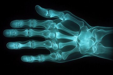 Poster - X-ray image of a human hand showcasing detailed bone structure and joint anatomy