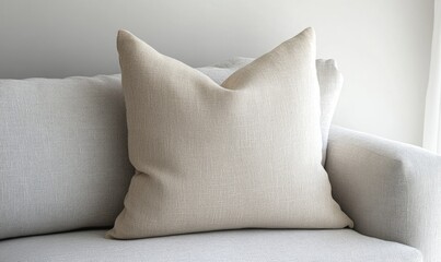 Wall Mural - A pillow with a white and tan pattern sits on a couch