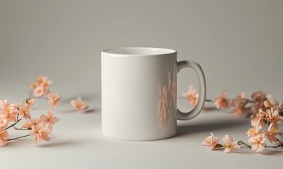 Poster - A white coffee cup with pink flowers on the table