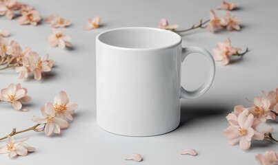 Poster - A white coffee cup sits on a table with pink flowers in the background