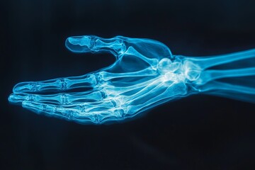 Poster - X-ray image of a human hand showcasing bone structure and skeletal anatomy in clear detail
