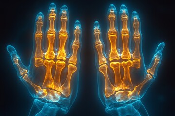 Poster - X-ray of human hands demonstrating skeletal structure with highlighted bones in contrasting colors
