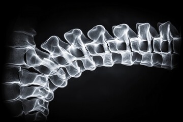 Poster - X-ray of a human spine showing vertebrae and curvature in a dark background for medical analysis