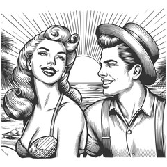 Wall Mural - couple on beach engraving vector illustration