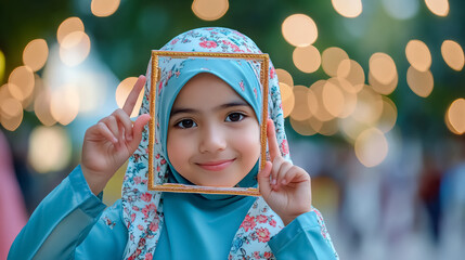 A young Muslim girl outdoors, framing a view with her hands like a camera.