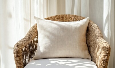 Wall Mural - A wicker chair with a white pillow on it