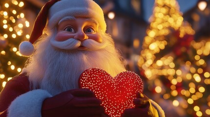 Wall Mural - christmas, holidays, love, charity and people concept - close up of santa claus with heart shape dec