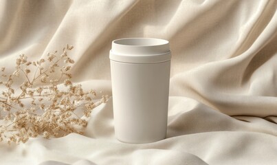 Poster - A white cup is sitting on a white cloth