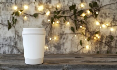 Poster - A white coffee cup sits on a wooden table in front of a wall covered in ivy