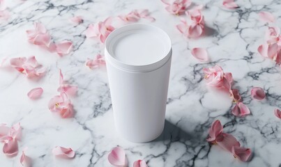 Poster - A white cup with a lid sits on a marble countertop