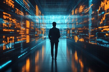 Leinwandbilder - Business professional contemplating data insights in a futuristic digital environment