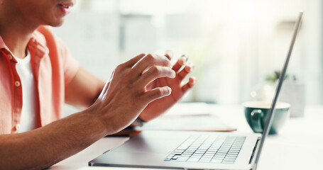 Fototapete - Hands, laptop and video call with business person at desk in office for virtual meeting or webinar. Communication, computer and online training with employee in workplace for feedback or update
