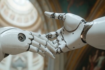 Aufkleber - Robotic hands reaching towards each other in a grand architectural space with soft lighting