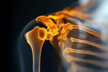 Poster - Detailed view of human shoulder joint anatomy showcasing bones and joint structure in bright color against dark background