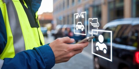 Delivery worker using a smartphone app for logistics management