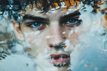 Poster - Portrait of a young man gazing through water with striking blue eyes in a reflective setting