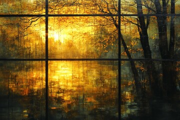 Poster - Sunrise reflecting on serene water with trees silhouetted in a tranquil landscape