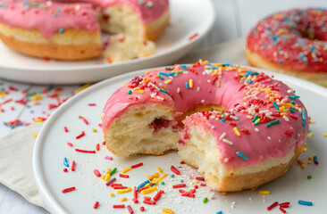 Wall Mural - A colorful pink frosted donut with sprinkles, partially eaten, sits on a white plate surrounded by colorful sprinkles.