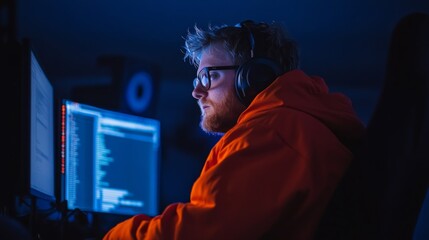 Focused programmer coding late at night in dimly lit room.