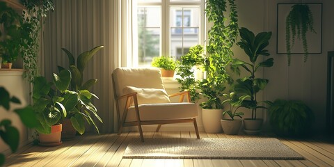 Fototapete - Sunlit living room featuring scandinavian inspired furniture and abundant indoor plants. Wooden flooring and large windows enhance the cozy, natural ambiance, creating a tranquil retreat