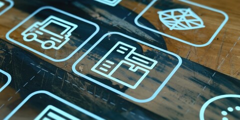 Digital Interface: Modern Technology and Application Icons on Wooden Surface