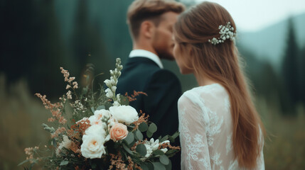 fantastic mood of male and female wedding, outdoor nature shot with one man in wedding suit and one 