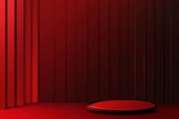 Wall Mural - The red table's corner under a spotlight, a blank red product studio background, a stage, and a podium designed for modern presentations, ideal for displaying cosmetic or beauty products