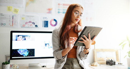 Poster - Planning, research and tablet with business woman in office for reading, company shares and profit margin. Data report, finance growth and infographic with person in agency for statistics and chart