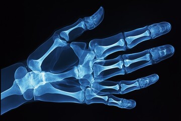 Poster - Detailed X-ray of a human hand showcasing skeletal structure and bone alignment in a dark background