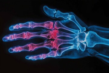 Poster - X-ray of a human hand showcasing bone structure and digital highlighting of joints and tendons