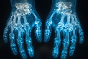 Poster - X-ray image showing detailed structure of human hands exhibiting bones and joints in high contrast