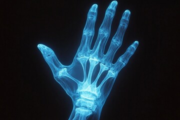 Poster - X-ray of a human hand showing detailed bone structure and anatomical features taken in a medical setting