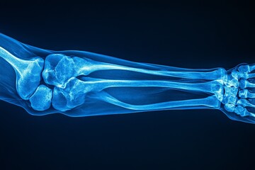 Poster - Detailed view of an x-ray image showing a human arm with clearly visible bones and joints in blue tones