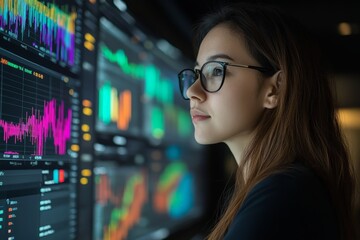 Poster - Young professional monitors financial data on multiple screens in a modern office during evening hours while analyzing market trends