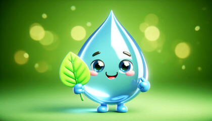 Wall Mural - Water drop cartoon with a leaf. Environment and ecology concept