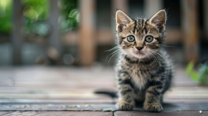 A curious tabby kitten with bright eyes, sitting on a wooden floor and looking directly at the camera..