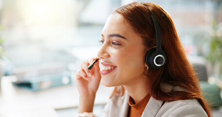 Canvas Print - Woman, talking and telemarketing worker in office, hotline operator and business service. Female person, call centre agent and helping with customer support, speaking and professional consultant