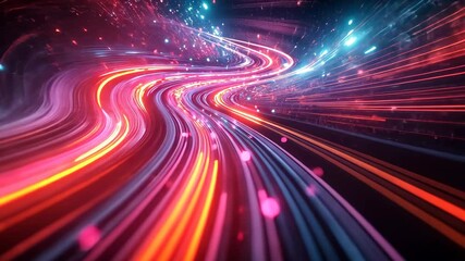 Fototapete - An eye-catching digital art scene featuring vibrant neon lights and dynamic, fluid motion, resembling a futuristic data stream. Perfect for illustrating technology, data flow, and cyber concepts.