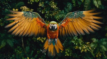Wall Mural - close-up of a parrot with open eyes and spread wings, perched in front of a tree