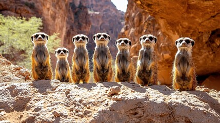 Wall Mural -   A group of meerkats perched atop a rock, framed by the desert's rocky landscape