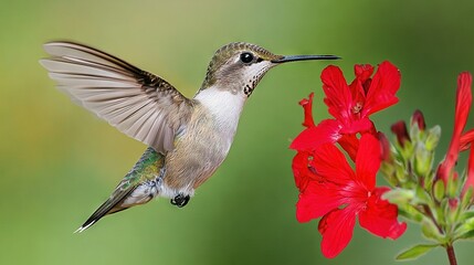 Wall Mural - hummingbird perched on red flower in front of green-red blur