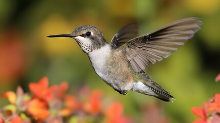 Wall Mural - a hummingbird hovers near vibrant red and yellow blossoms, creating a hazy backdrop