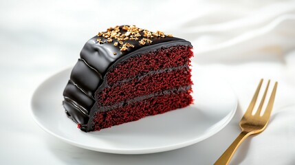 Wall Mural -   A sliver of red velvet cake topped with chocolate frosting and sprinkles, served on a white platter with a golden fork