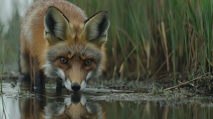 Poster -   A close-up of a fox in a water body surrounded by grass, with a foreground of water