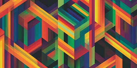 a colorful abstract design with squares and triangles. the squares are in different colors and sizes