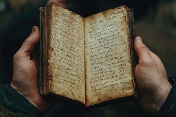 Weathered Leather Journal with Vintage Handwriting Held by Hands Outdoors